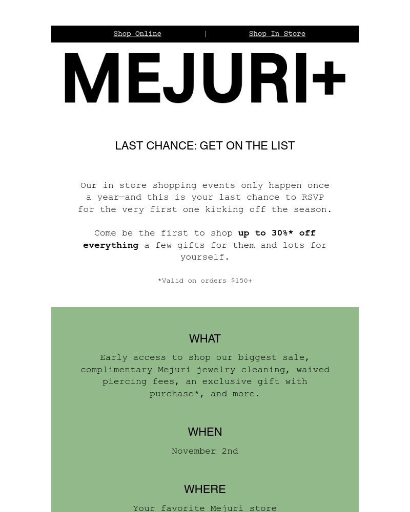 Screenshot of email sent to a Mejuri Registered user