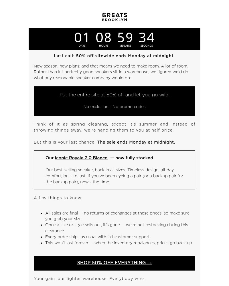 Screenshot of email sent to a Greats Newsletter subscriber