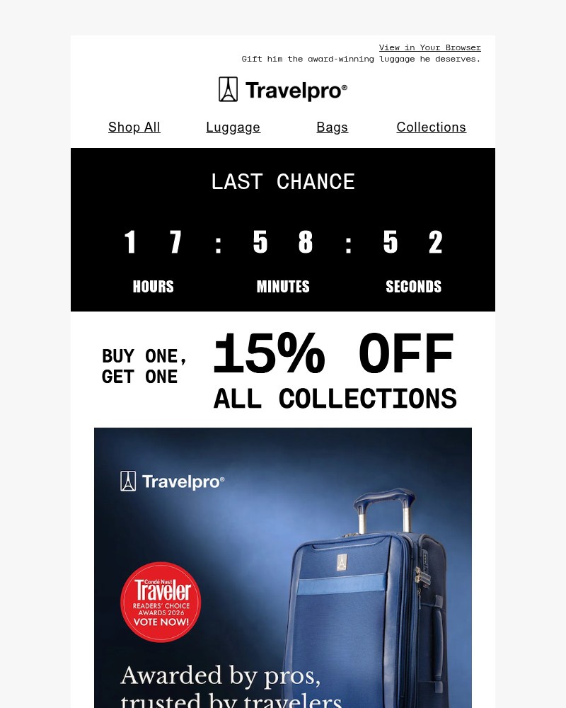 Screenshot of email sent to a Travelpro Newsletter subscriber