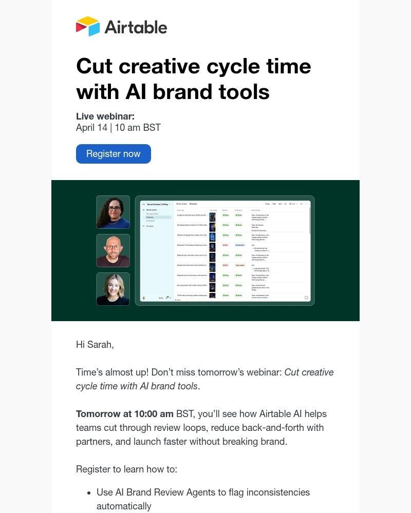 Screenshot of email sent to a Airtable Registered user