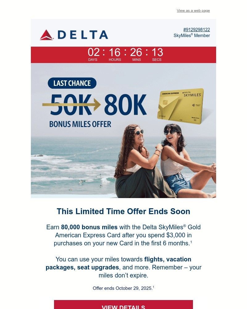 Screenshot of email sent to a Delta Registered user