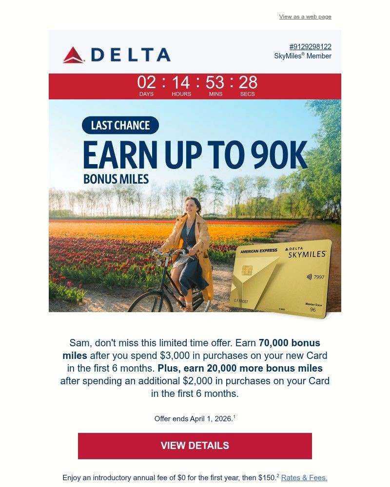 Screenshot of email sent to a Delta Registered user