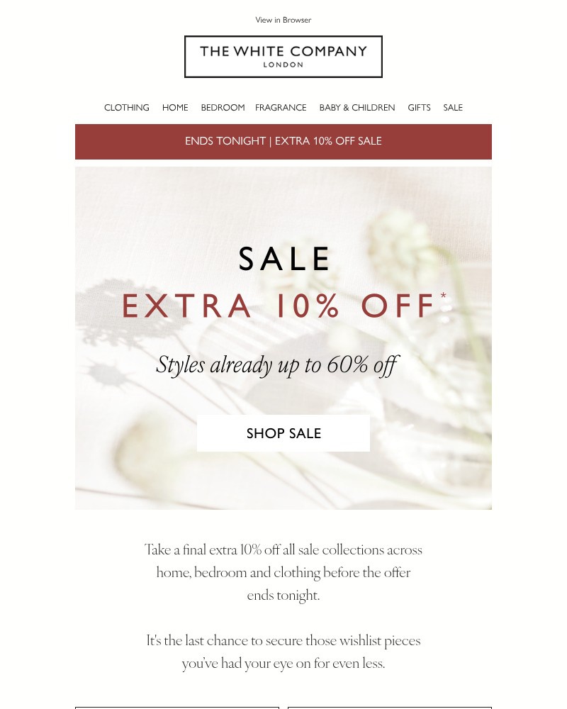 Screenshot of email sent to a The White Company Cart abandoner