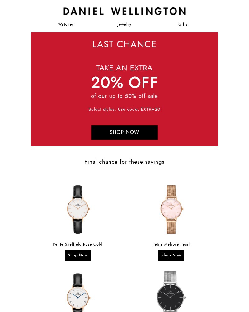 Screenshot of email sent to a Daniel Wellington Newsletter subscriber
