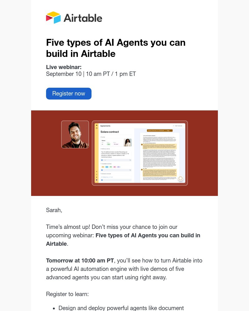 Screenshot of email with subject /media/emails/last-chance-five-types-of-ai-agents-you-can-build-in-airtable-f11aca-cropped-1dc2c518.jpg