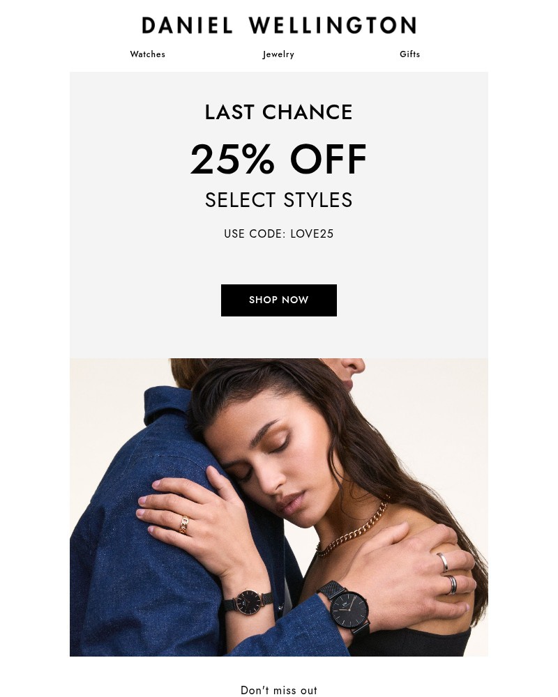 Screenshot of email sent to a Daniel Wellington Newsletter subscriber