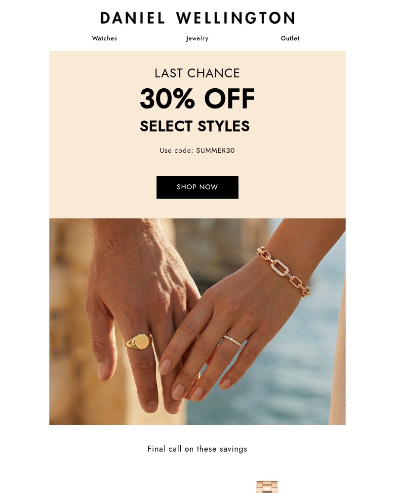 Screenshot of email sent to a Daniel Wellington Newsletter subscriber