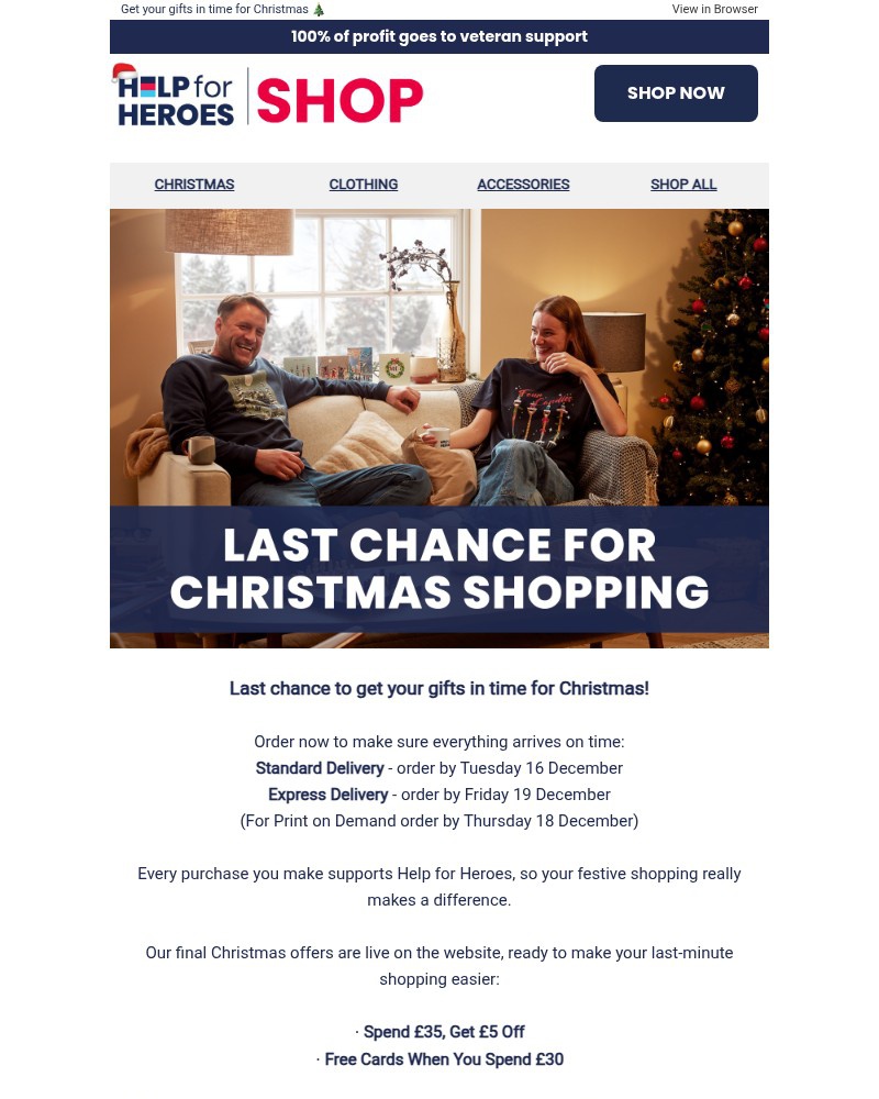 Screenshot of email sent to a Help for Heroes Newsletter subscriber