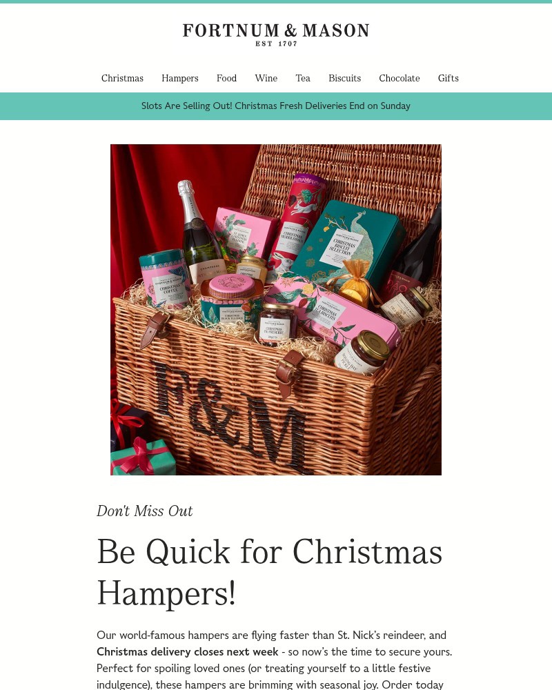 Screenshot of email sent to a Fortnum & Mason Newsletter subscriber