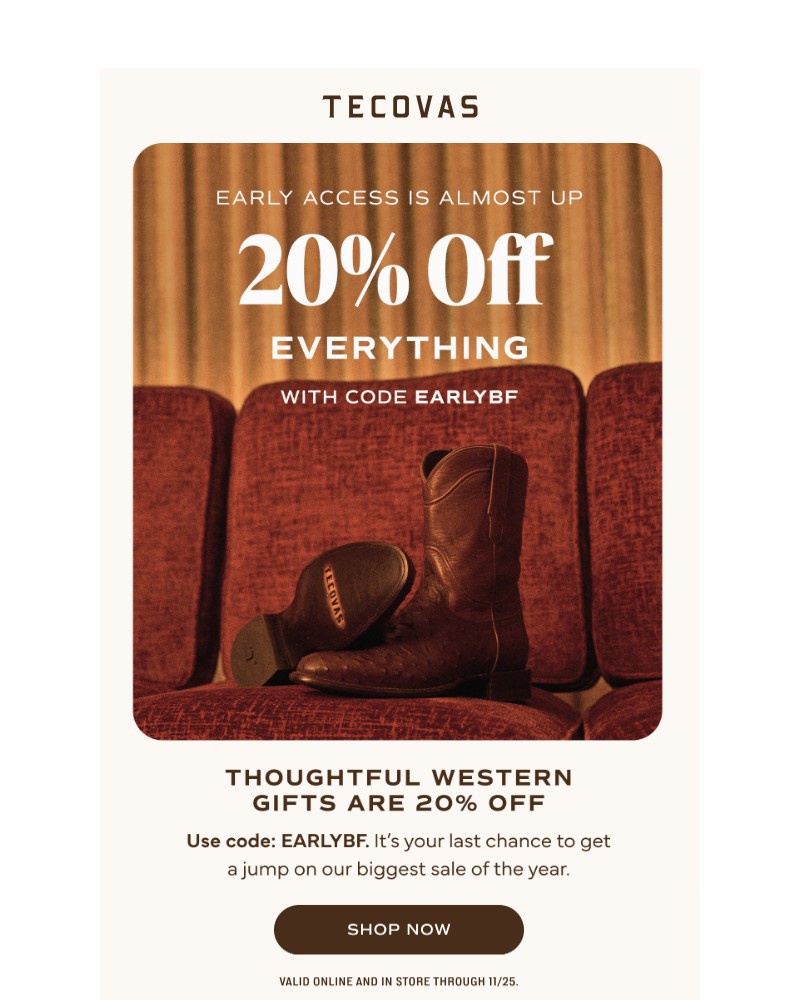 Screenshot of email sent to a Tecovas Newsletter subscriber