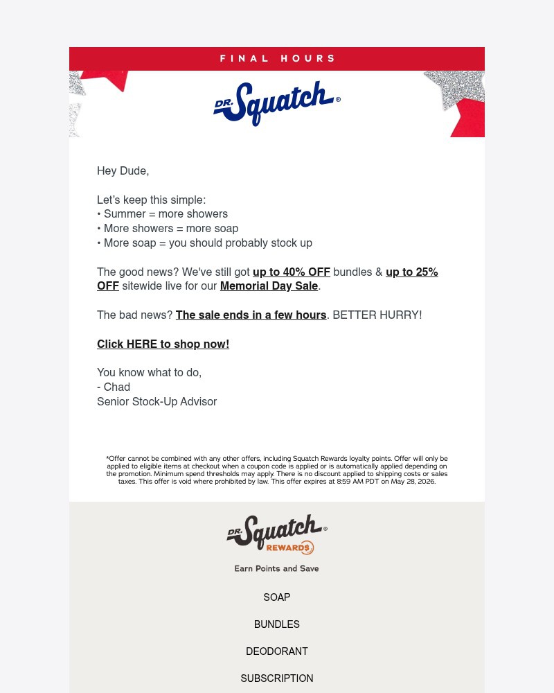 Screenshot of email sent to a Dr. Squatch Newsletter subscriber