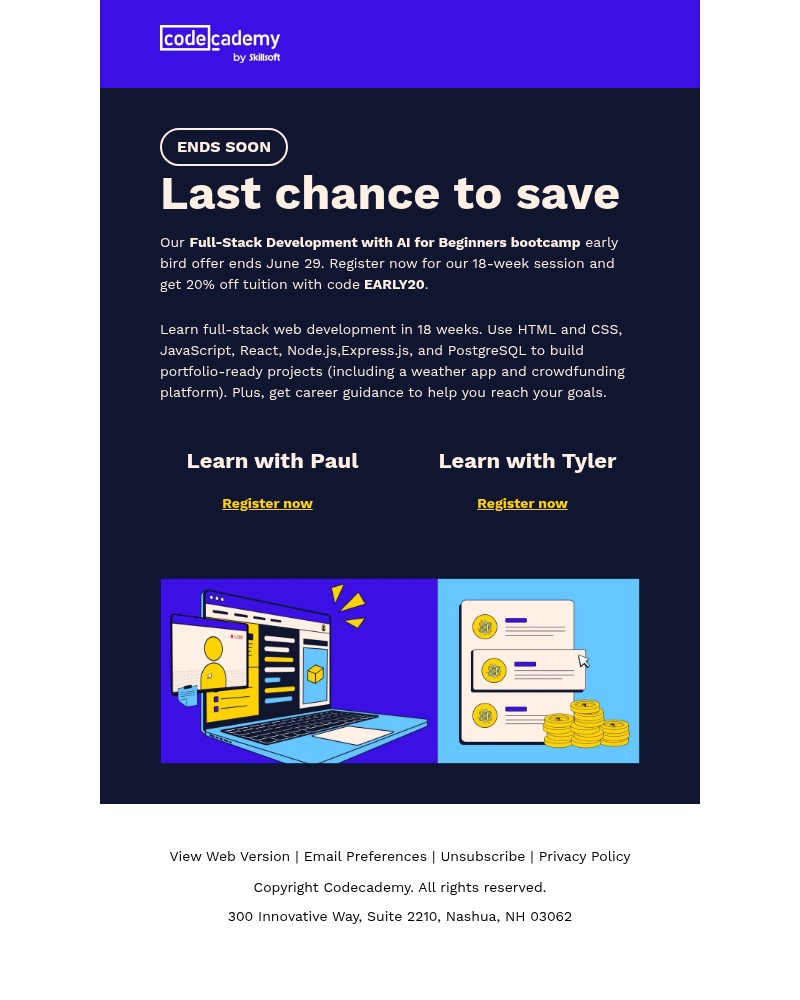 Screenshot of email sent to a Codecademy Registered user