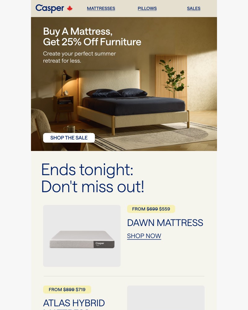 Screenshot of email sent to a Casper Newsletter subscriber