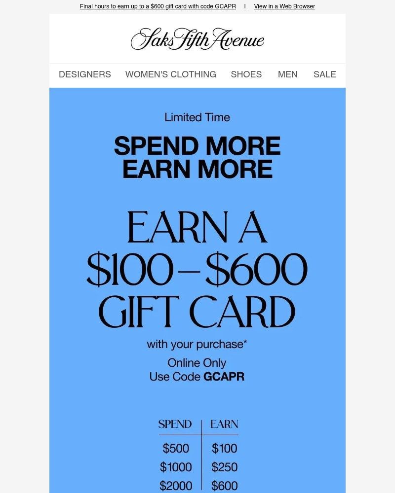 Screenshot of email sent to a Saks Fifth Avenue Newsletter subscriber