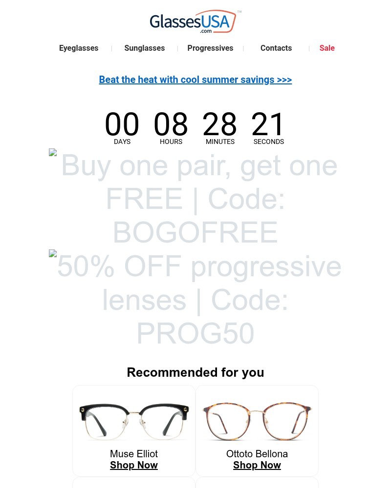Screenshot of email sent to a Glasses USA Newsletter subscriber