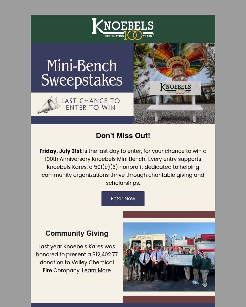 Screenshot of email sent to a Knoebels Newsletter subscriber