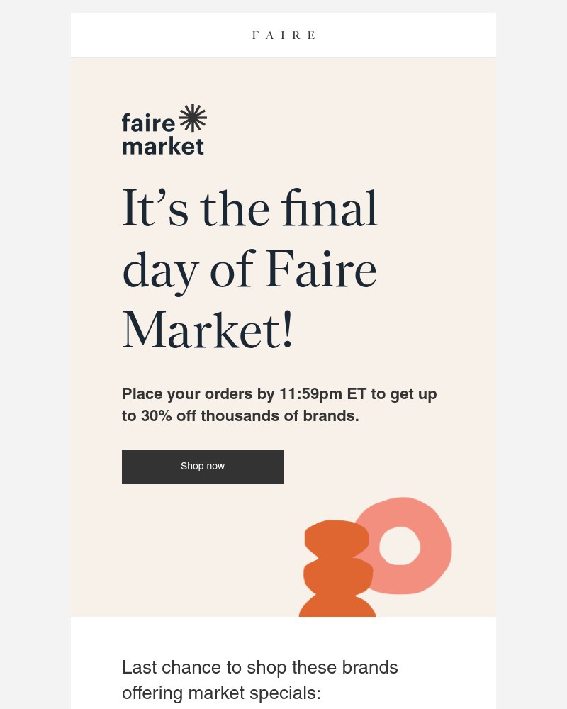 Screenshot of email sent to a Faire Newsletter subscriber