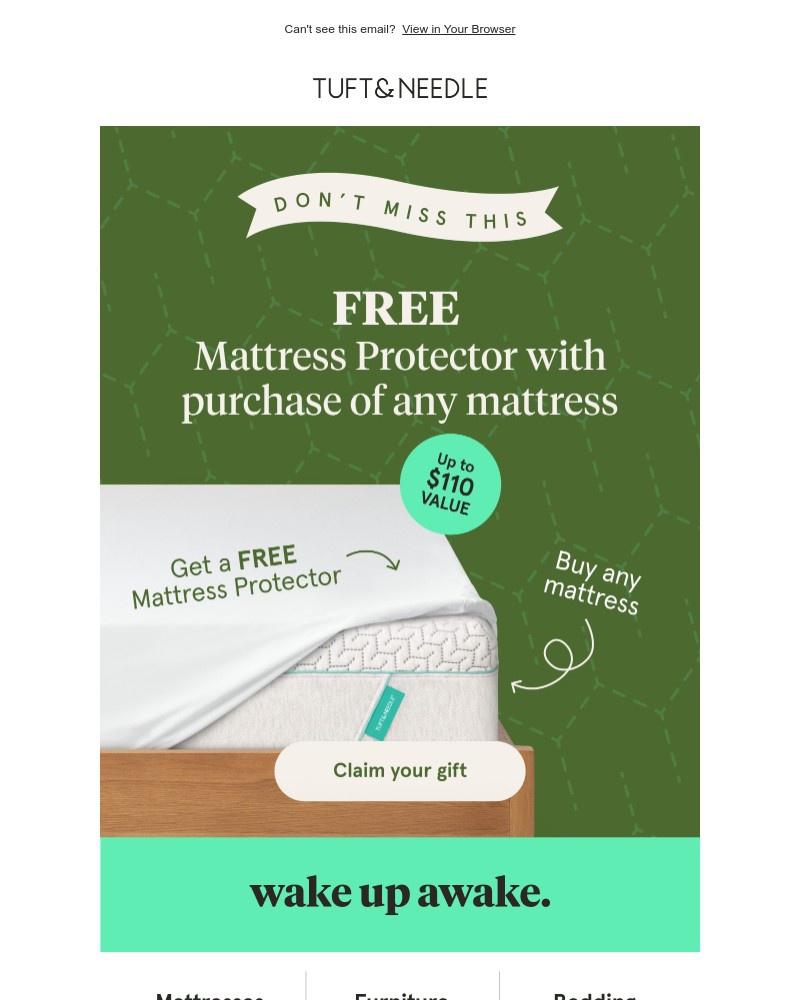 Screenshot of email sent to a Tuft & Needle Newsletter subscriber