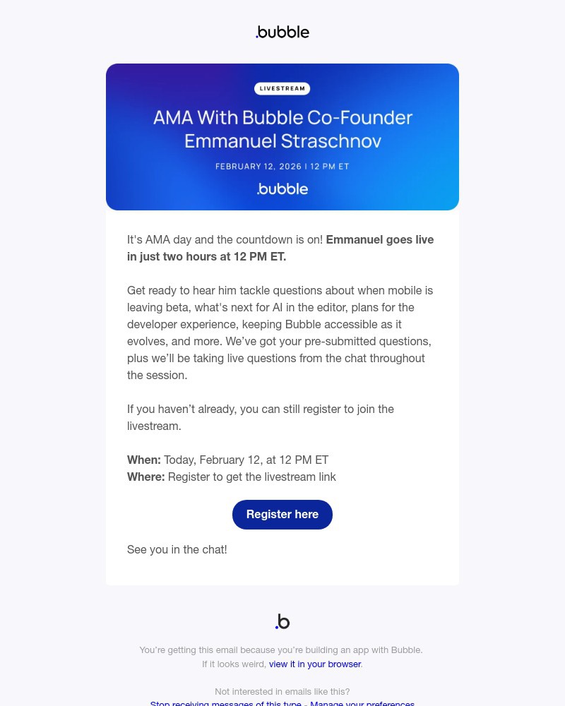 Screenshot of email sent to a Bubble Registered user