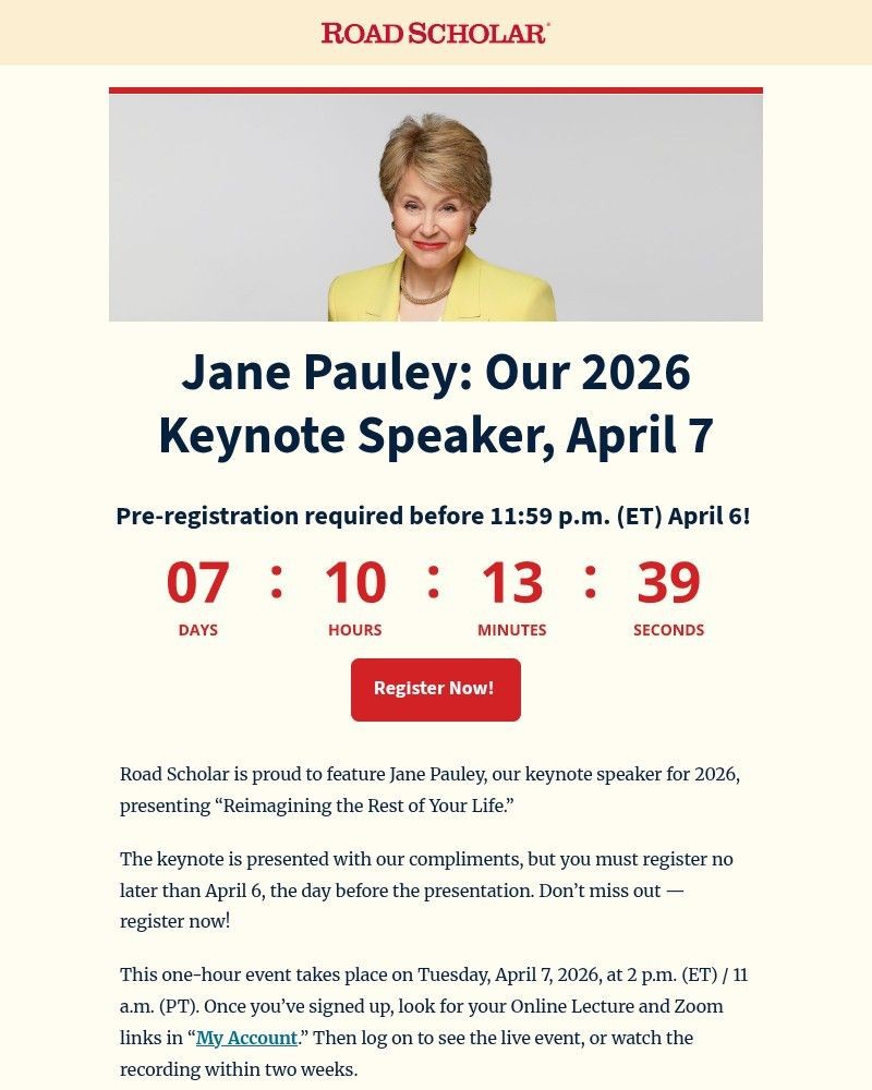 Screenshot of email sent to a Road Scholar Newsletter subscriber