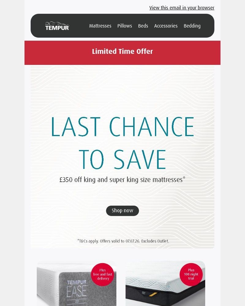 Screenshot of email sent to a Tempur Newsletter subscriber