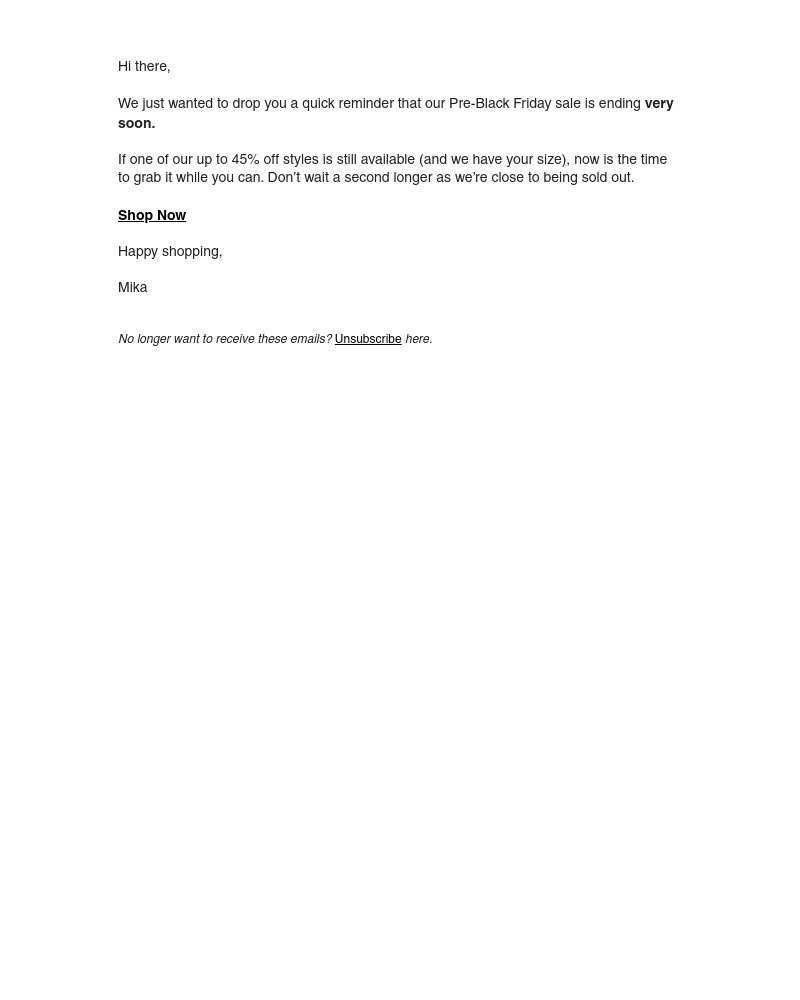 Screenshot of email sent to a Vessi Seller