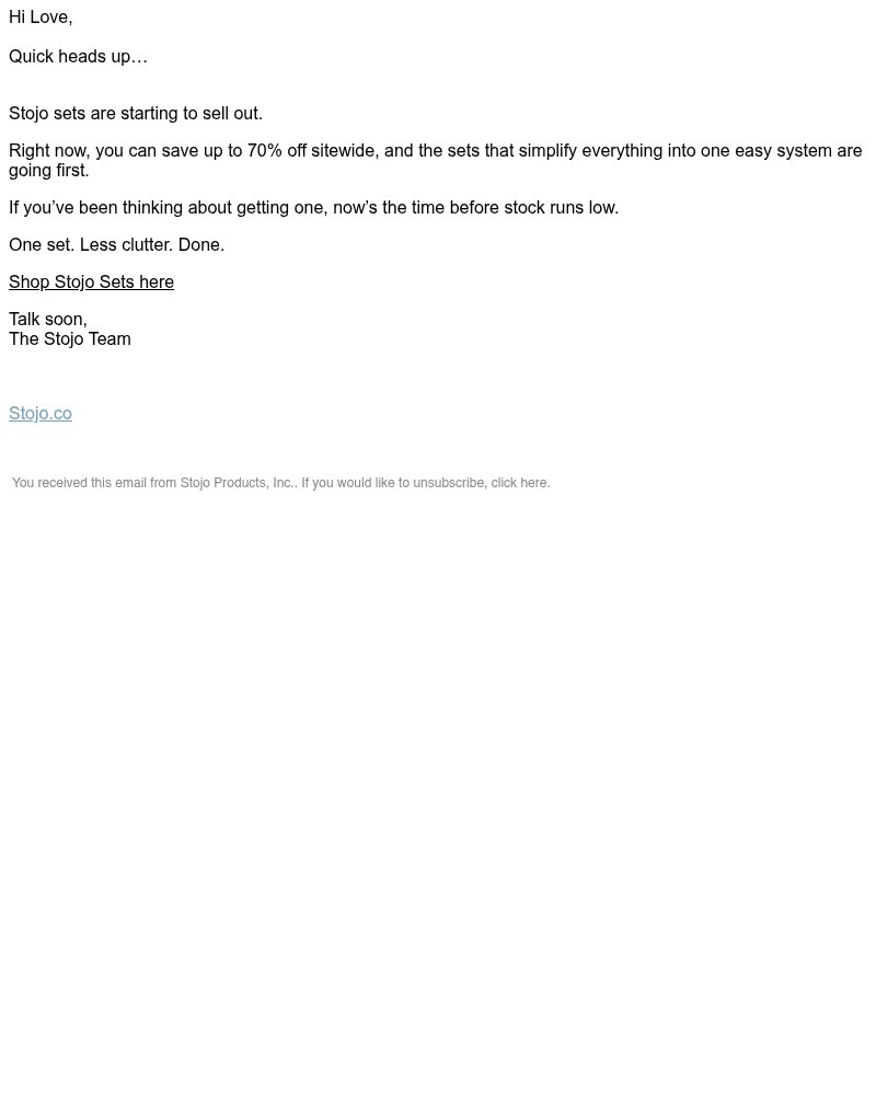 Screenshot of email sent to a Stojo Newsletter subscriber