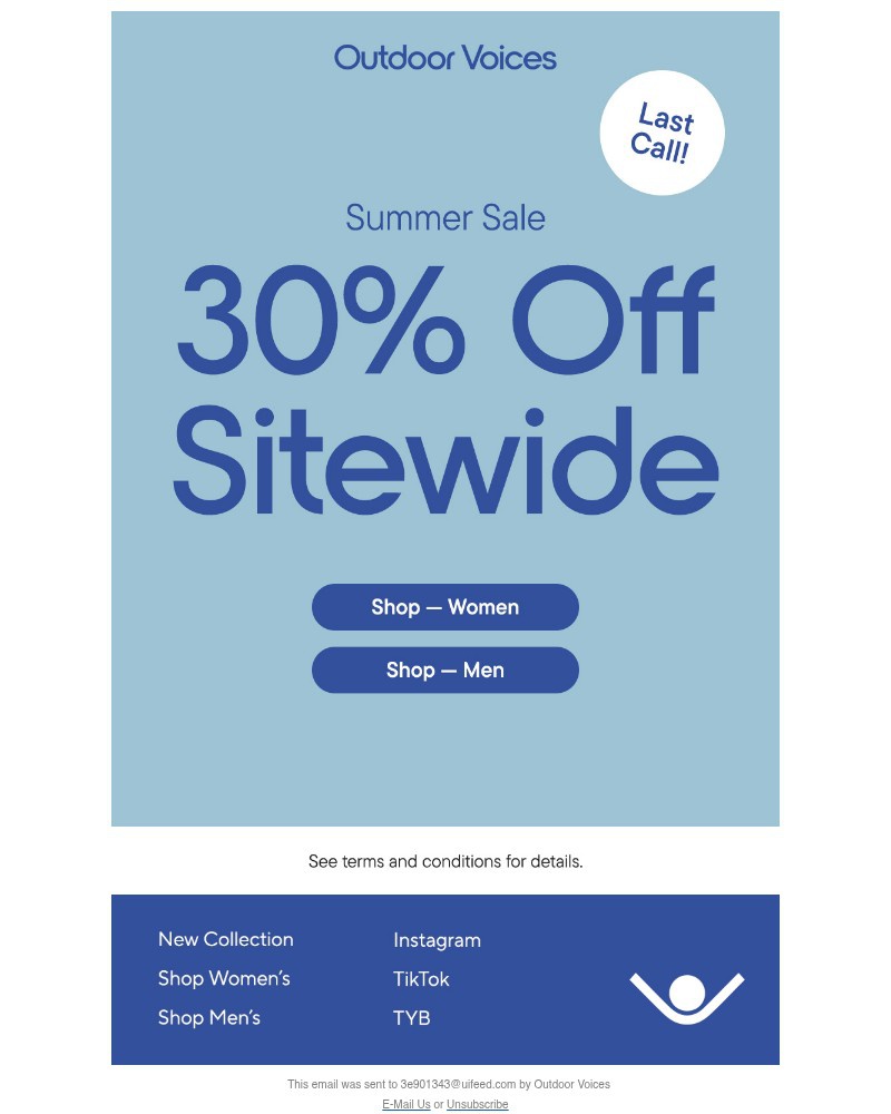 Screenshot of email sent to a Outdoor Voices Newsletter subscriber