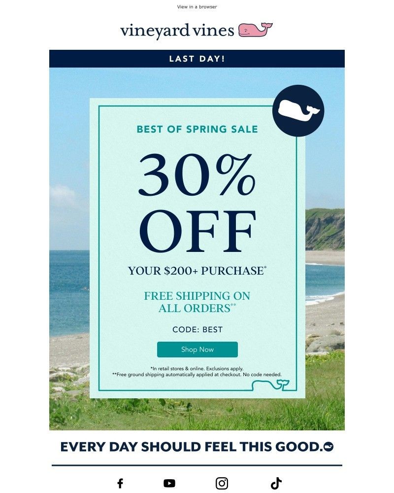 Screenshot of email sent to a Vineyard Vines Newsletter subscriber