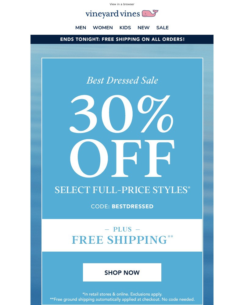 Screenshot of email sent to a Vineyard Vines Newsletter subscriber
