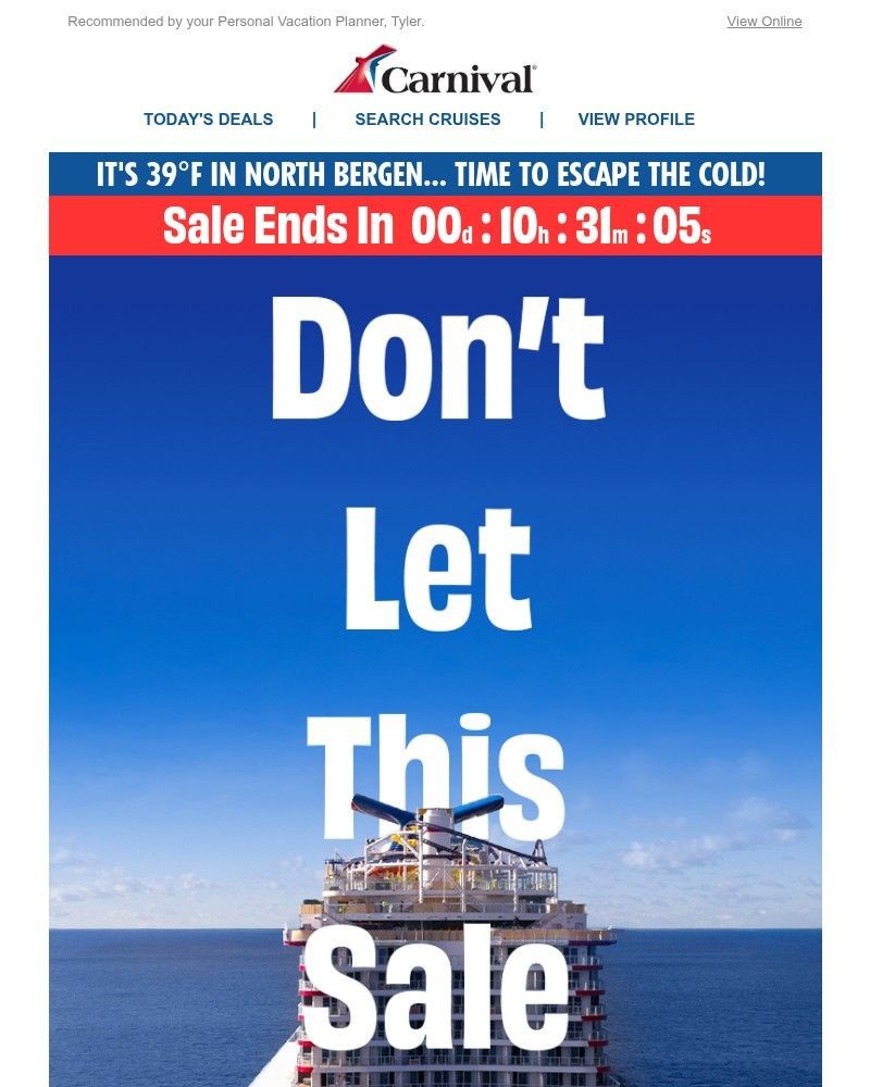 Screenshot of email sent to a Carnival Cruise Line Registered user