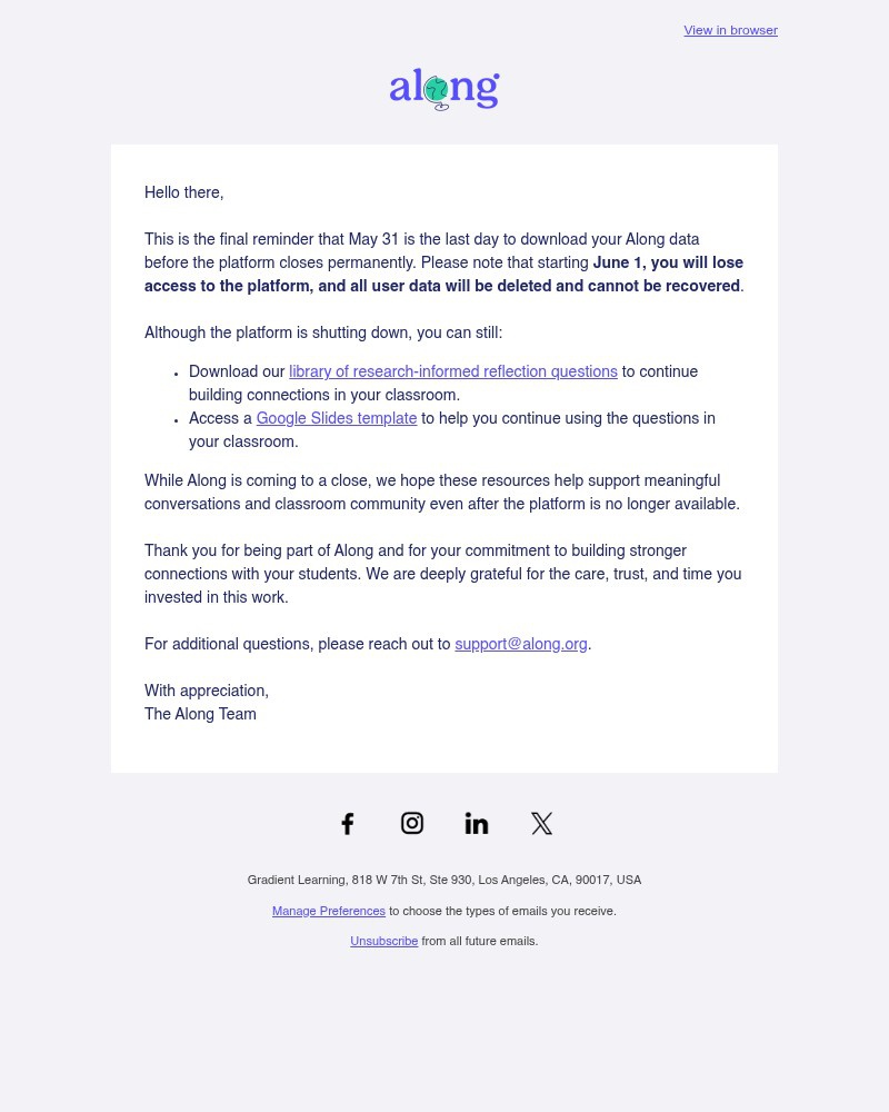 Screenshot of email sent to a Along Newsletter subscriber