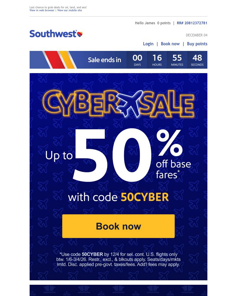 Screenshot of email sent to a Southwest Registered user