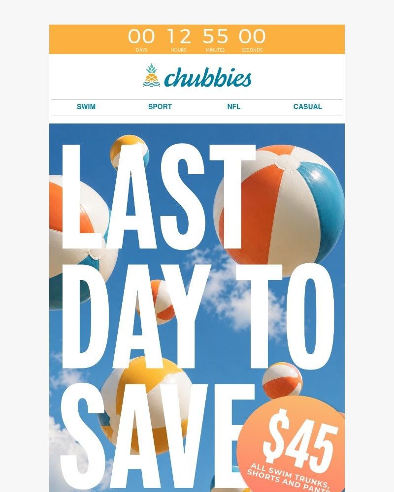 Screenshot of email sent to a Chubbies Newsletter subscriber