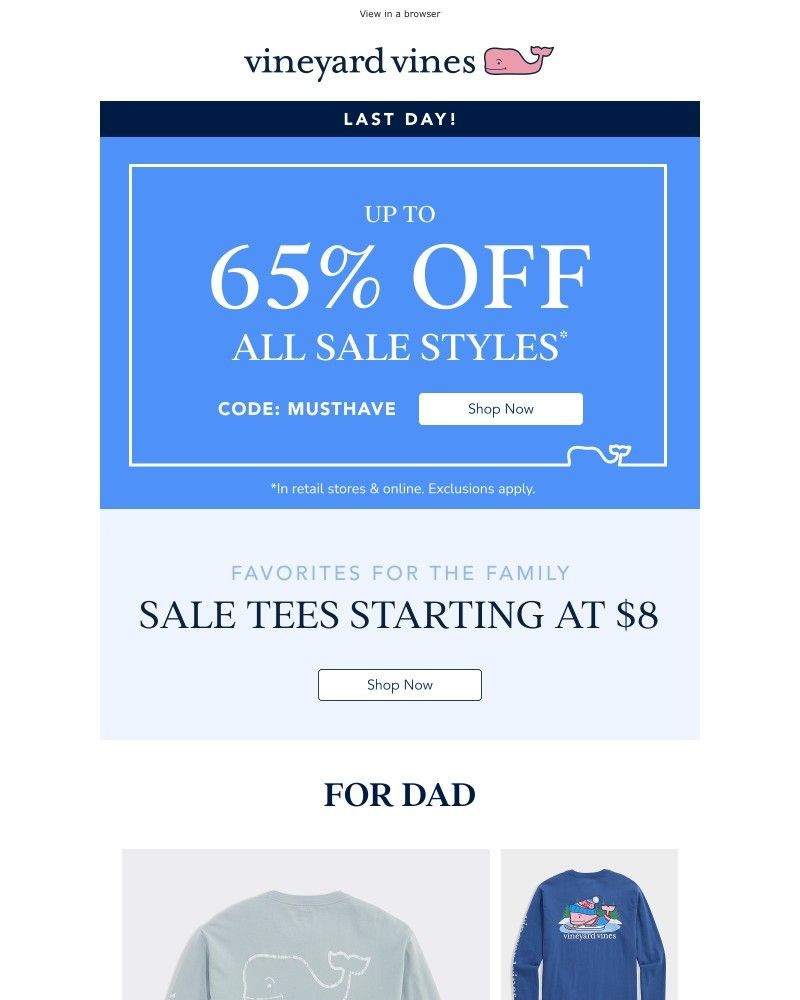 Screenshot of email sent to a Vineyard Vines Newsletter subscriber