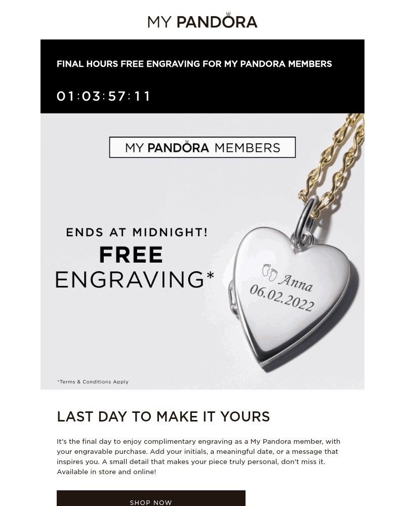 Screenshot of email sent to a Pandora Newsletter subscriber