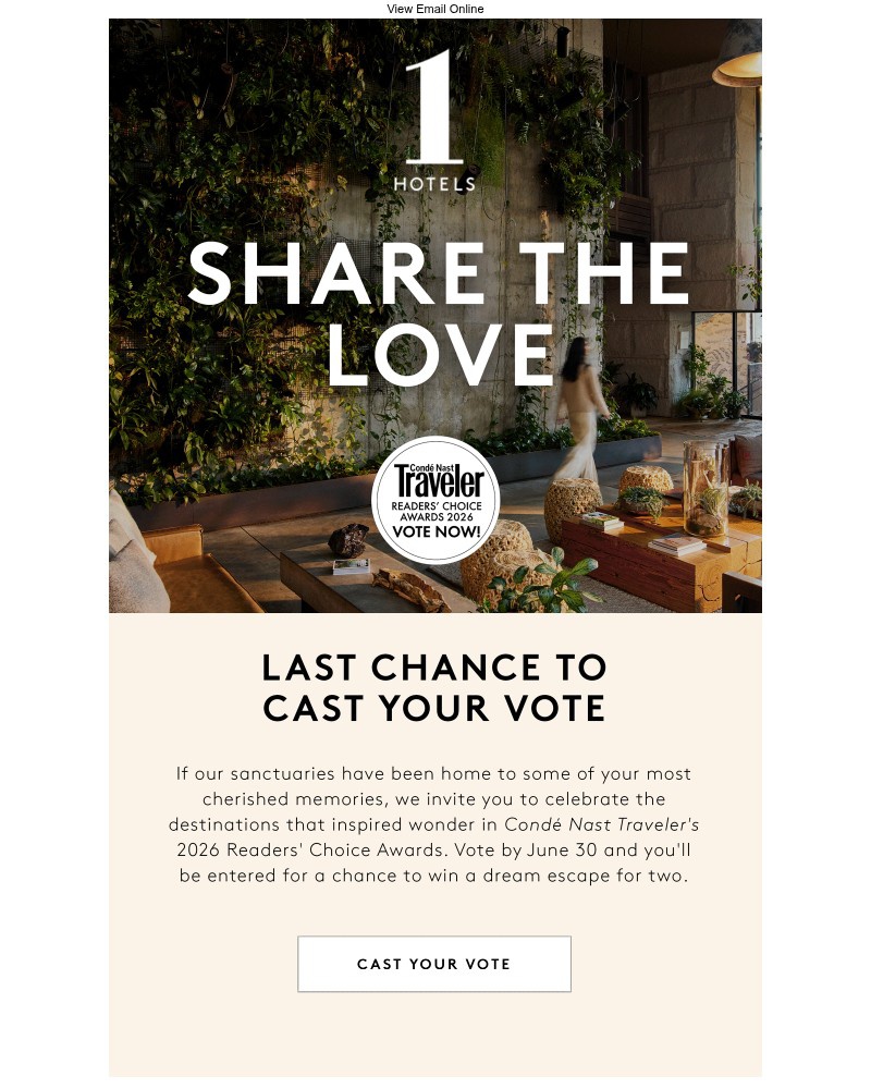 Screenshot of email sent to a 1 Hotels Newsletter subscriber
