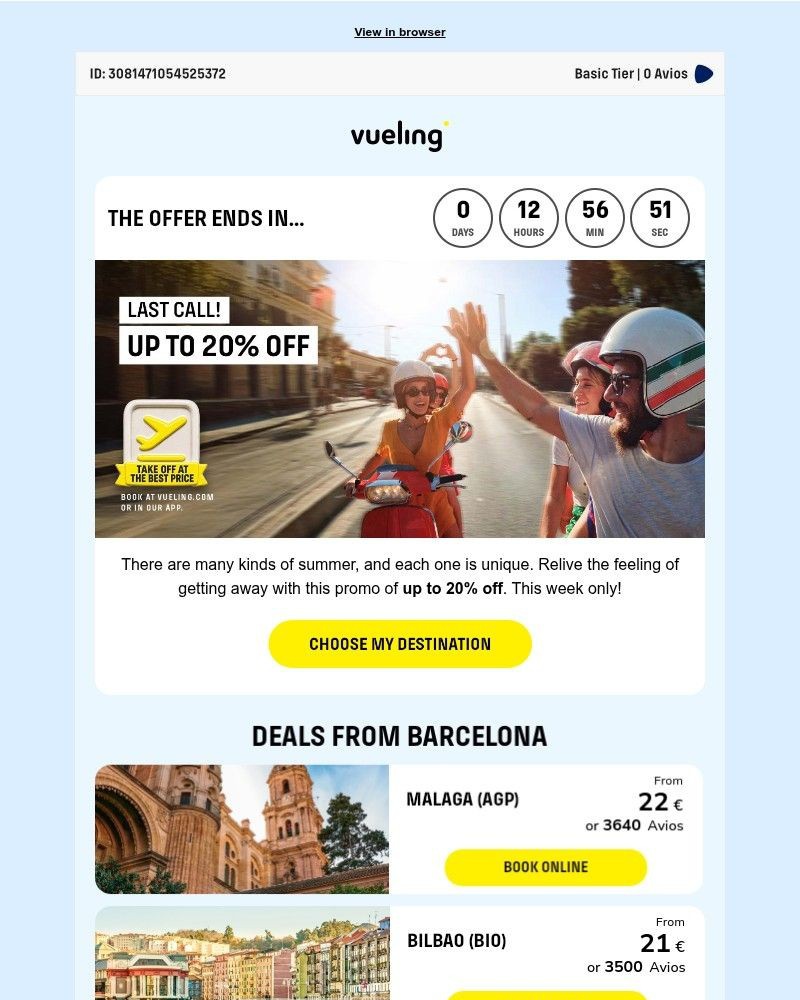 Screenshot of email sent to a Vueling Registered user