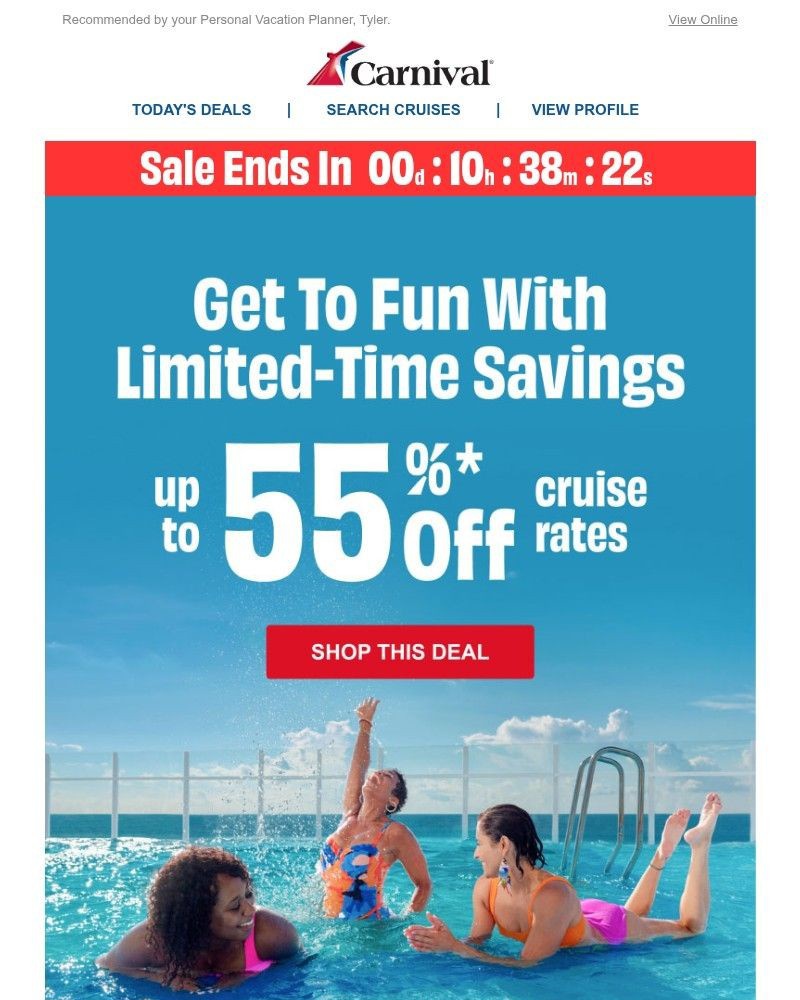Screenshot of email sent to a Carnival Cruise Line Registered user