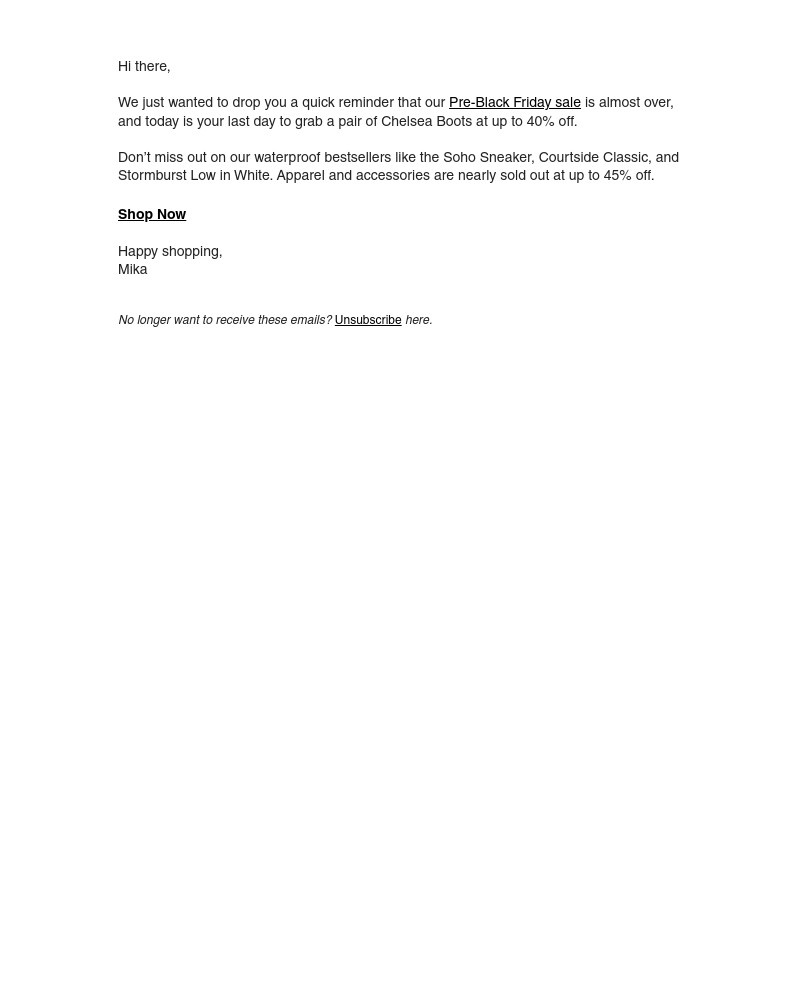 Screenshot of email sent to a Vessi Seller