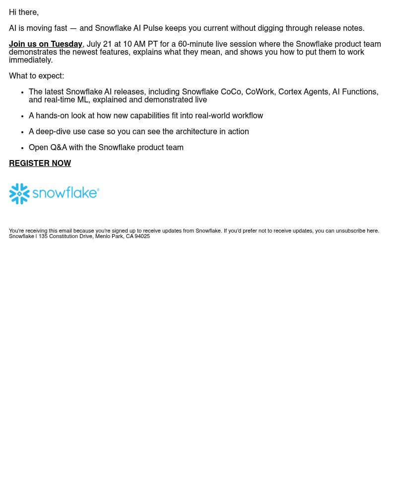 Screenshot of email sent to a Snowflake Newsletter subscriber