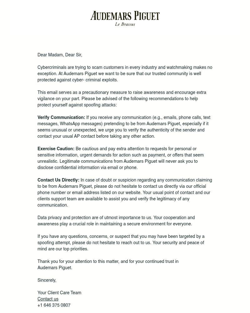 Screenshot of email sent to a Audemars Piguet Newsletter subscriber