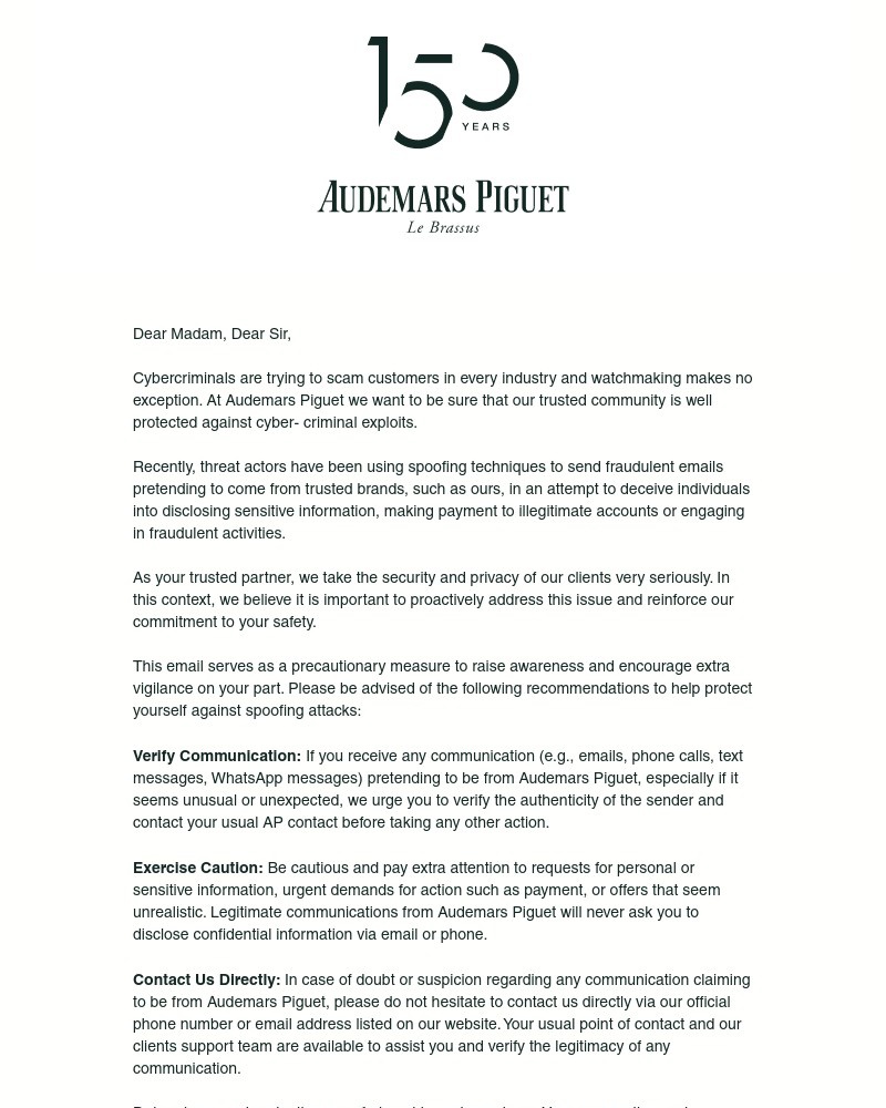 Screenshot of email sent to a Audemars Piguet Newsletter subscriber