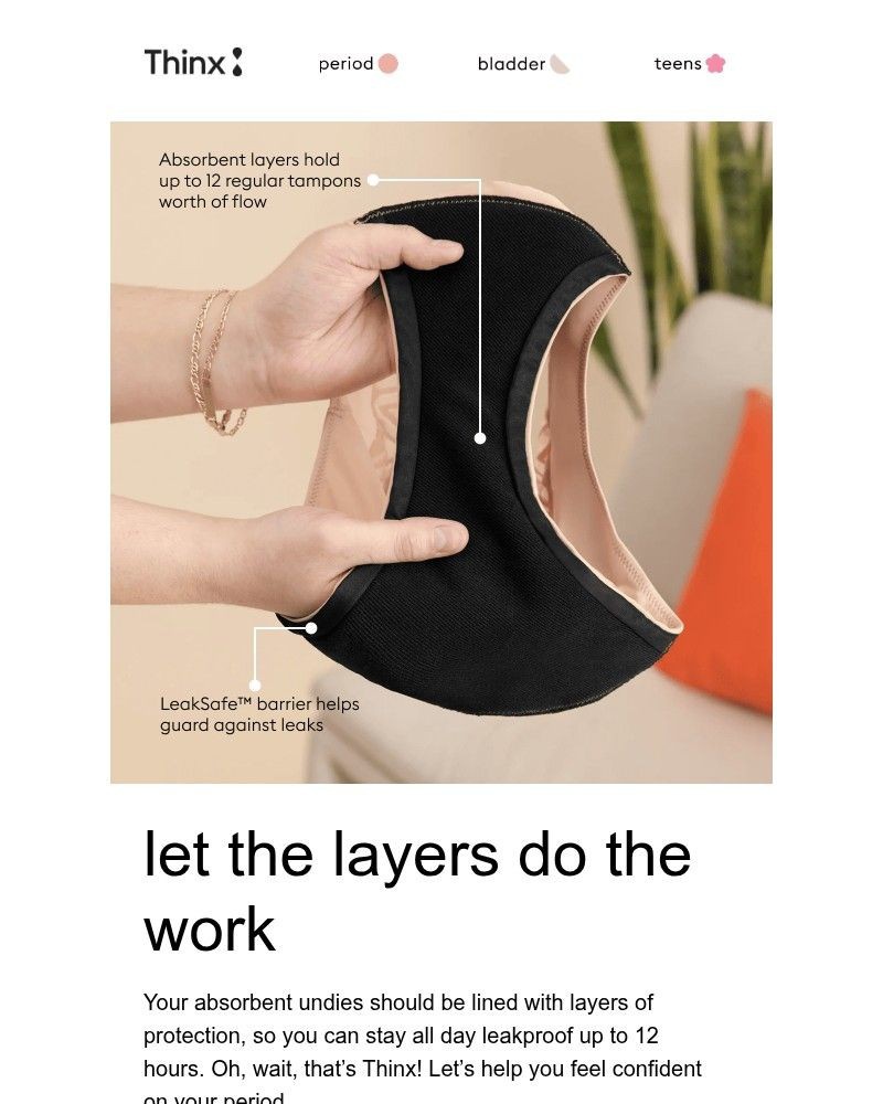 Screenshot of email sent to a Thinx Newsletter subscriber