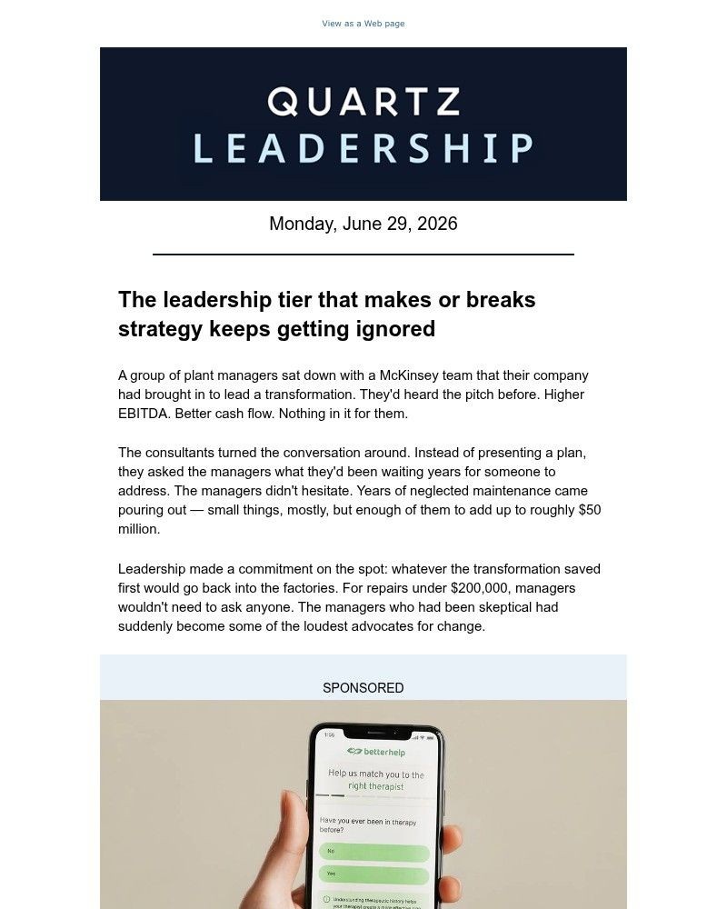 Screenshot of email sent to a Quartz Newsletter subscriber