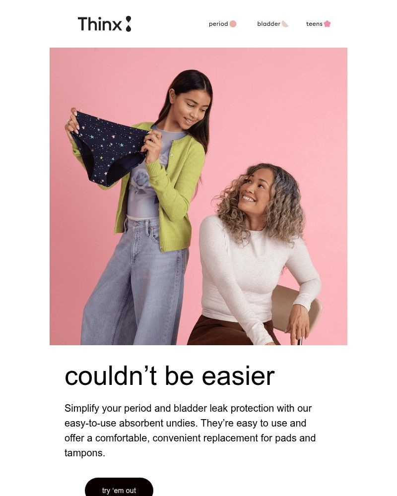 Screenshot of email sent to a Thinx Newsletter subscriber