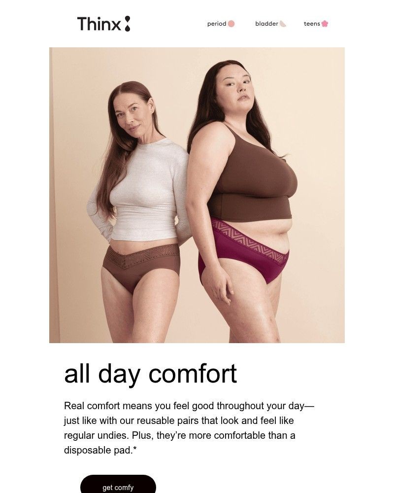 Screenshot of email sent to a Thinx Newsletter subscriber