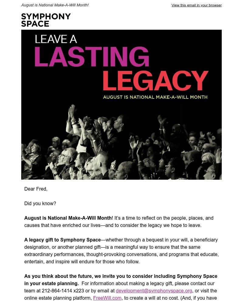Screenshot of email sent to a Symphony Space Newsletter subscriber