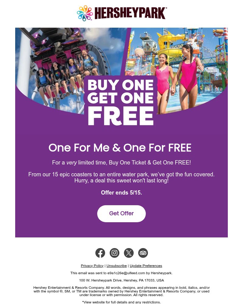 Screenshot of email sent to a Hershey Park Newsletter subscriber