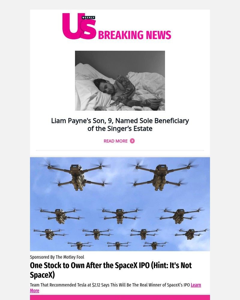Screenshot of email sent to a Us Weekly Newsletter subscriber